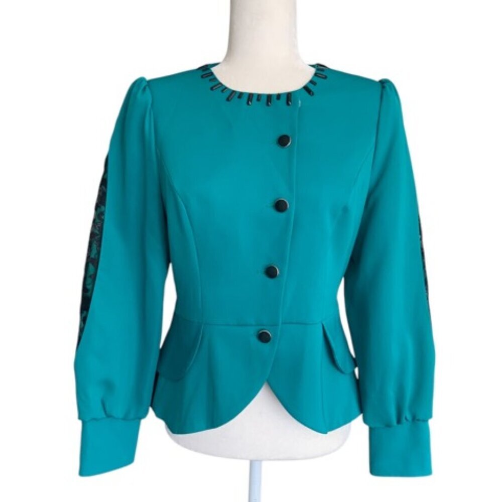 Vintage Teal And Black Lace Peplum Blouse/Blazer